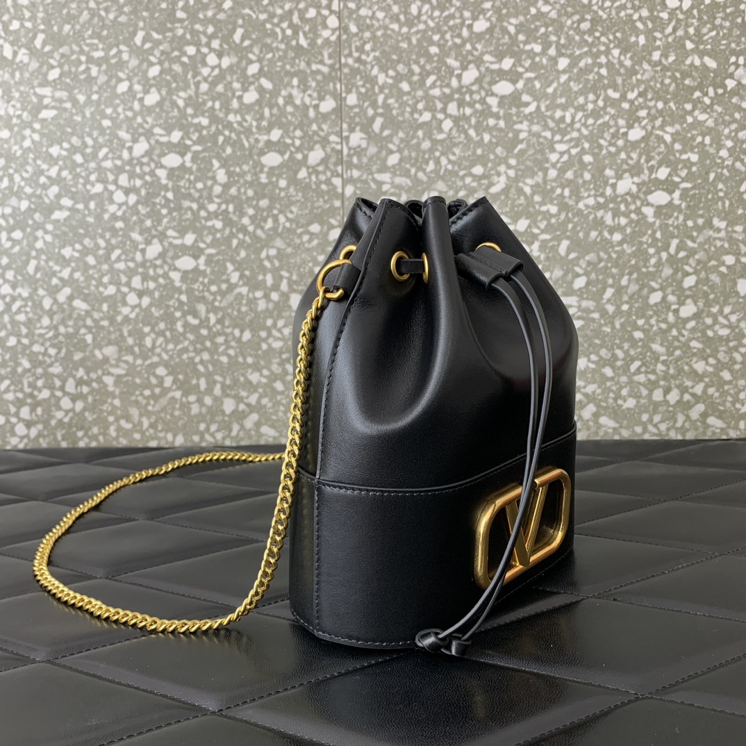 Valentino Garavani VLogo Signature Mini Bucket Bag in Black Nappa Leather 